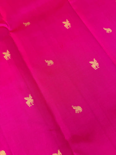Kanchivaram Pure Silk Pure Zari Silk Saree | Pink | Contrast Blue Blouse | Gold Zari | Handwoven | Ships from California